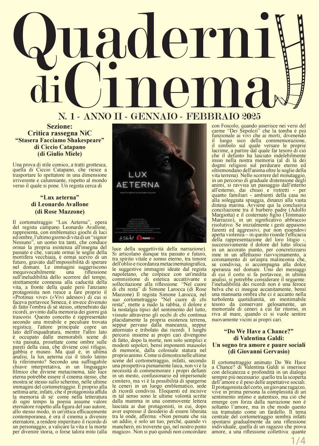 Quaderni di Cinema Gennaio Febbraio 2025